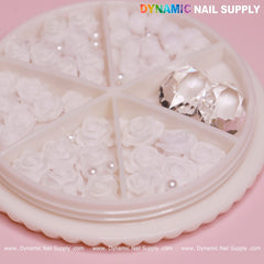 40 pcs White 3D Roses Flower Charm with pearls and stones Accessories for Nails Art Design