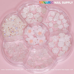 60 pcs White Iridescent Roses Charm with Pearls and Daisy Accessories for Nails Art Design