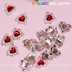 20 pcs 3D Heart rhinestone Charm for Nails Art Design (Red stones + Silver claws base)