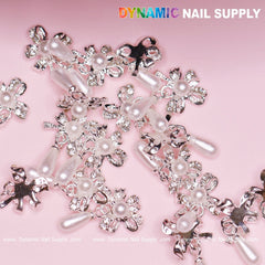 20 pcs Silver (Ribbon) Bow shape Dangle Charms with pearl for Nails Designer