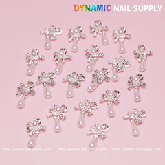 20 pcs Silver (Ribbon) Bow shape Dangle Charms with pearl for Nails Designer