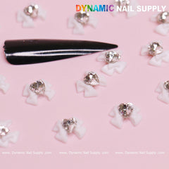 20 pcs Luxury White Bow Charms Engraved With Crystal Clear Heart For Valentines Nail Designs