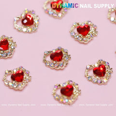 10 pcs 3D Red Ruby Heart rhinestone Charm for Nails Art Design (Red stones + Golden claws base)
