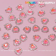30 pcs 3D Pink Ruby Heart Rhinestone Charm for Nails Art Design (Pink stones + Silver claws base)