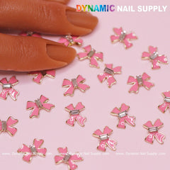 20 pcs Luxury Pink Bow Charms With Golden Contours For Valentines Nail Designs