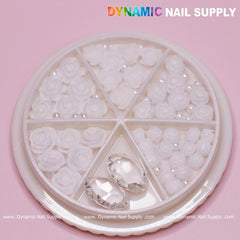 40 pcs White 3D Roses Flower Charm with pearls and stones Accessories for Nails Art Design