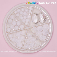 40 pcs White 3D Roses Flower Charm with pearls and stones Accessories for Nails Art Design