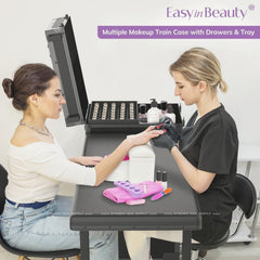 (White) Portable & Foldable Rolling Manicure Nail Table - Travel Makeup Desk & Train Case