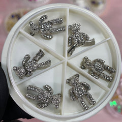 6 pcs Movable Silver Teddy Bear Charms with Rhinestones for Nails Art Designer