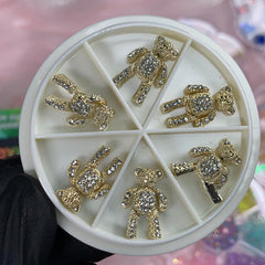 6 pcs Movable Gold Teddy Bear Charms with Rhinestones for Nails Art Designer