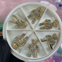 6 pcs Movable Gold Teddy Bear Charms with Rhinestones for Nails Art Designer