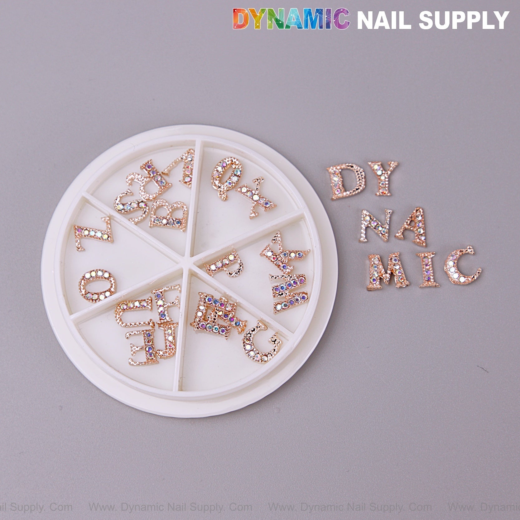 26pcs Rose Gold with AB Rhinestone Letter Initial Nail Charms Alphabet A to Z Letters