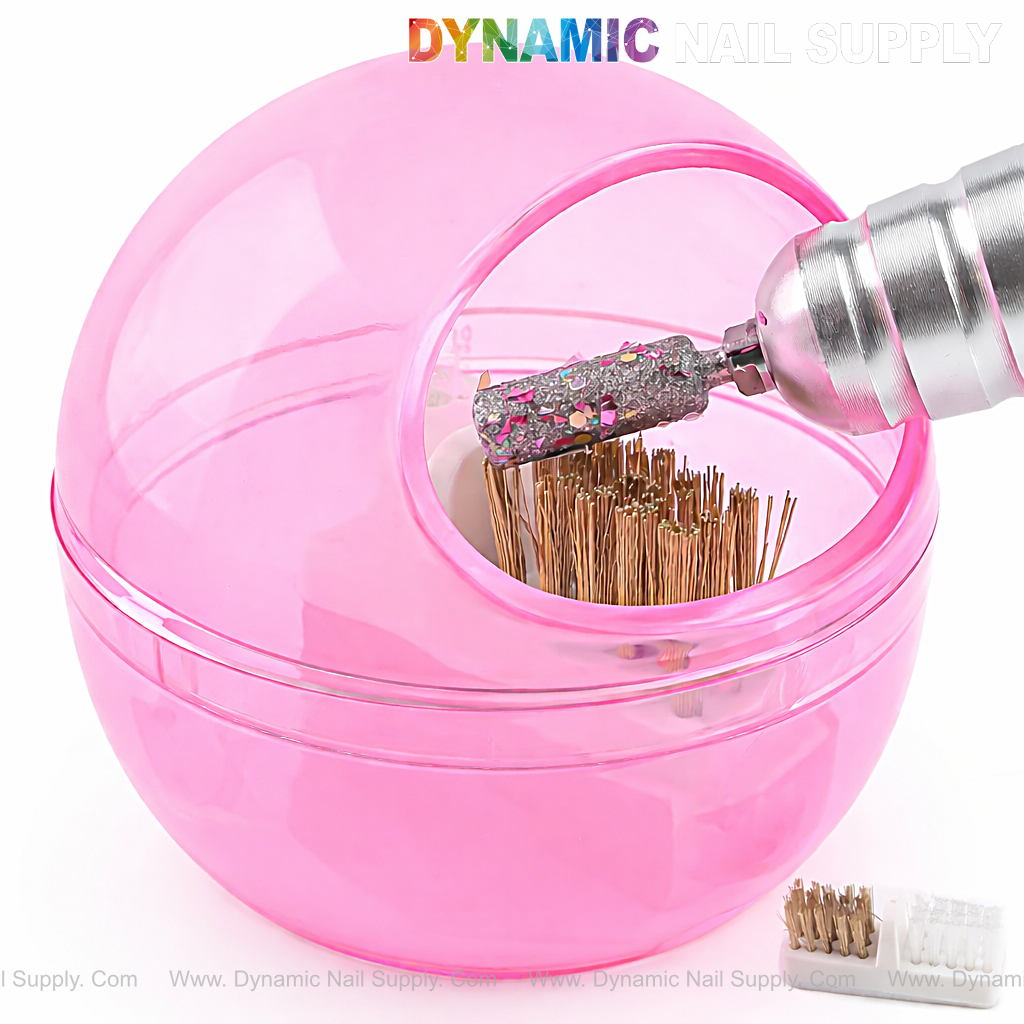Clear Pink Drill Bit Cleaner Tool Case with Steel & Nylon Wire Brush for Cleaning Tungsten Carbide Ceramic Nail Drill Bits