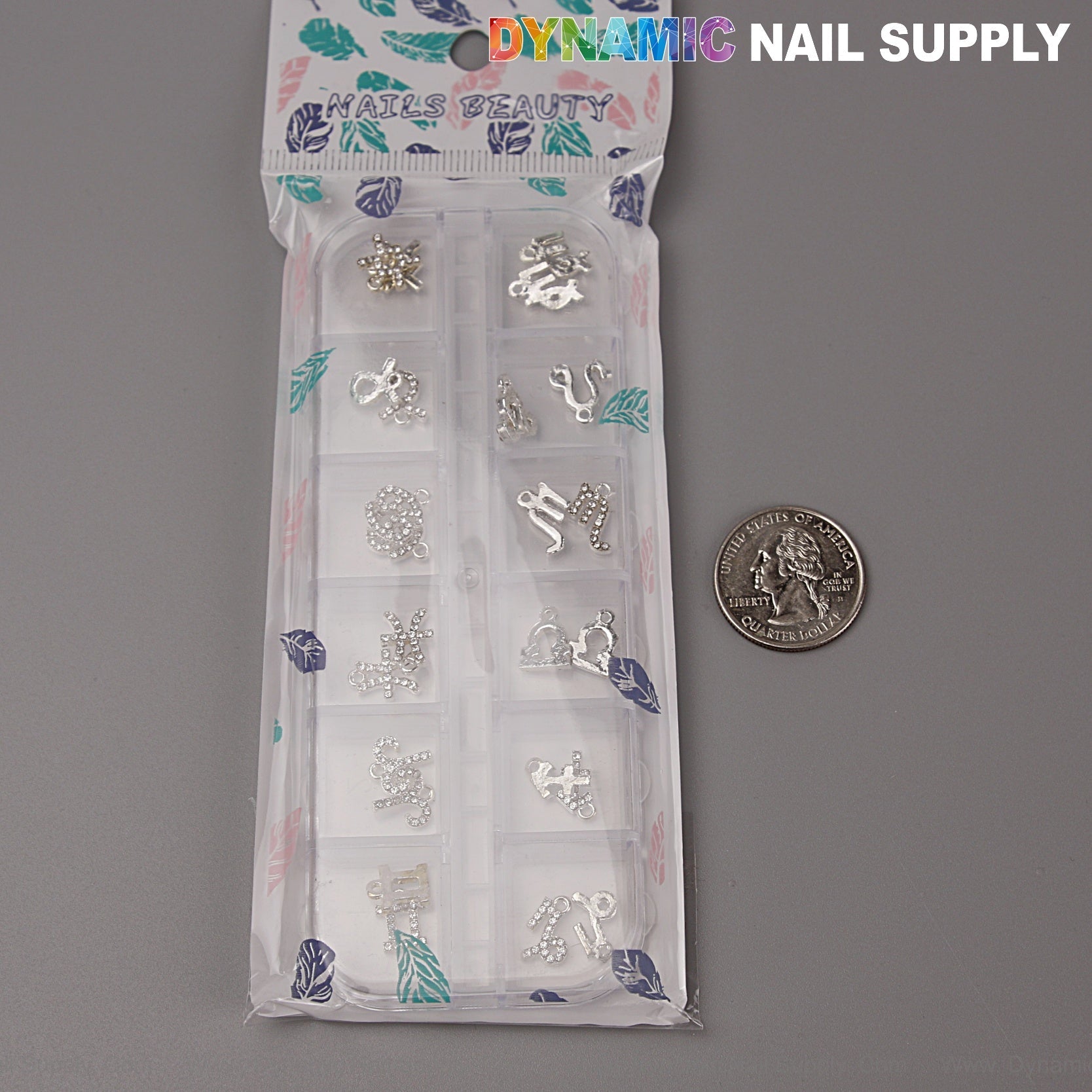 24 pcs Silver with Silver Rhinestone Zodiac Sign Charms Twelve Constellation Gems - Nail Art DIY Design Accessories