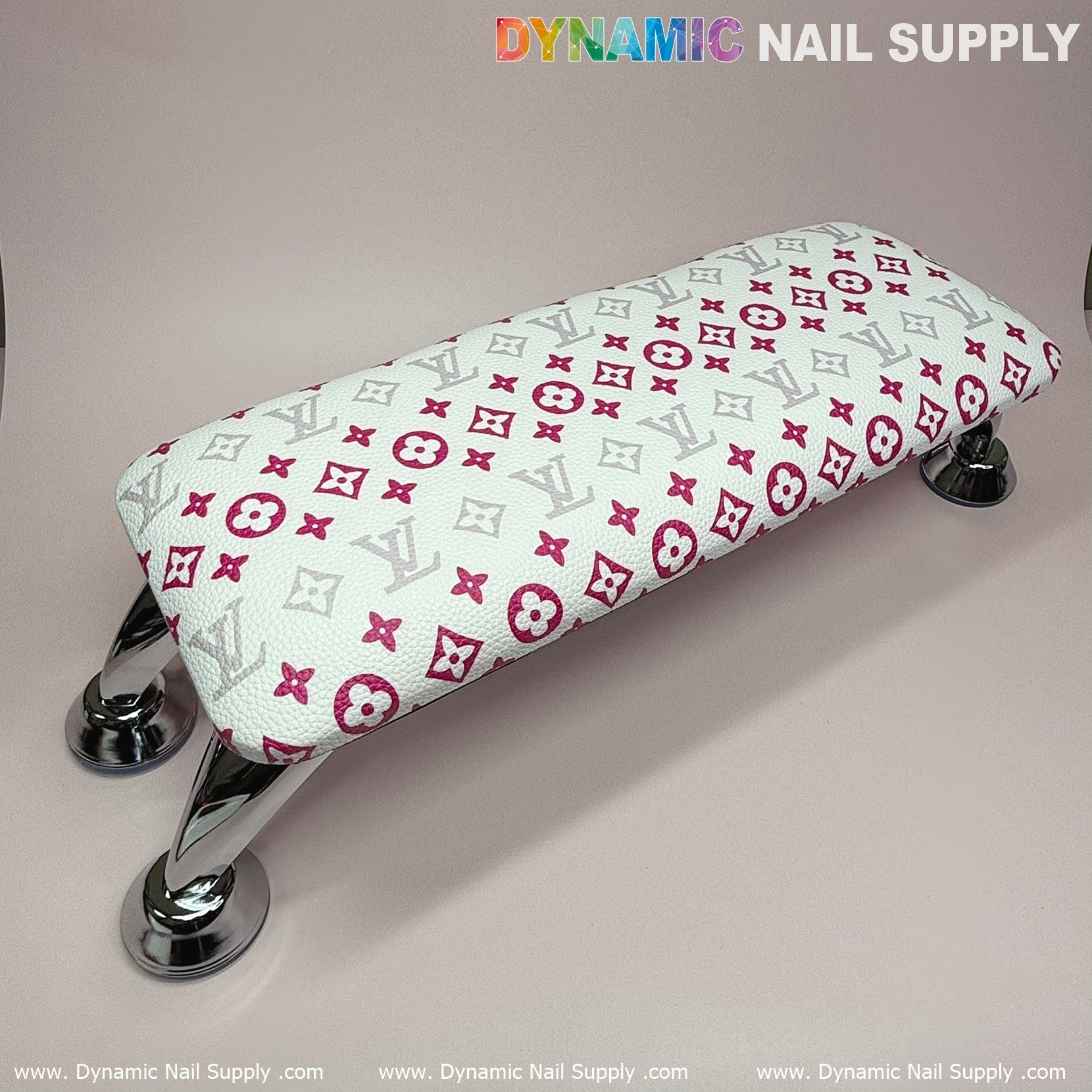 (White Pink LV Pattern) ArmRest with Leather Pillow Cushion for Manicure Nails Service (Reposabrazos Para Manicura)
