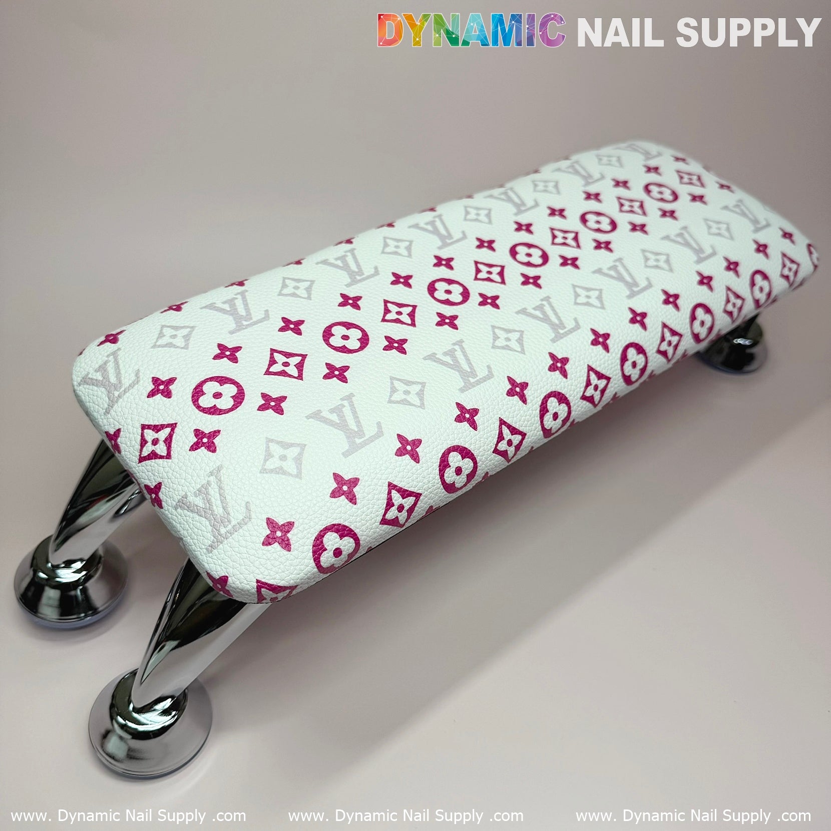 (White Pink LV Pattern) ArmRest with Leather Pillow Cushion for Manicure Nails Service (Reposabrazos Para Manicura)