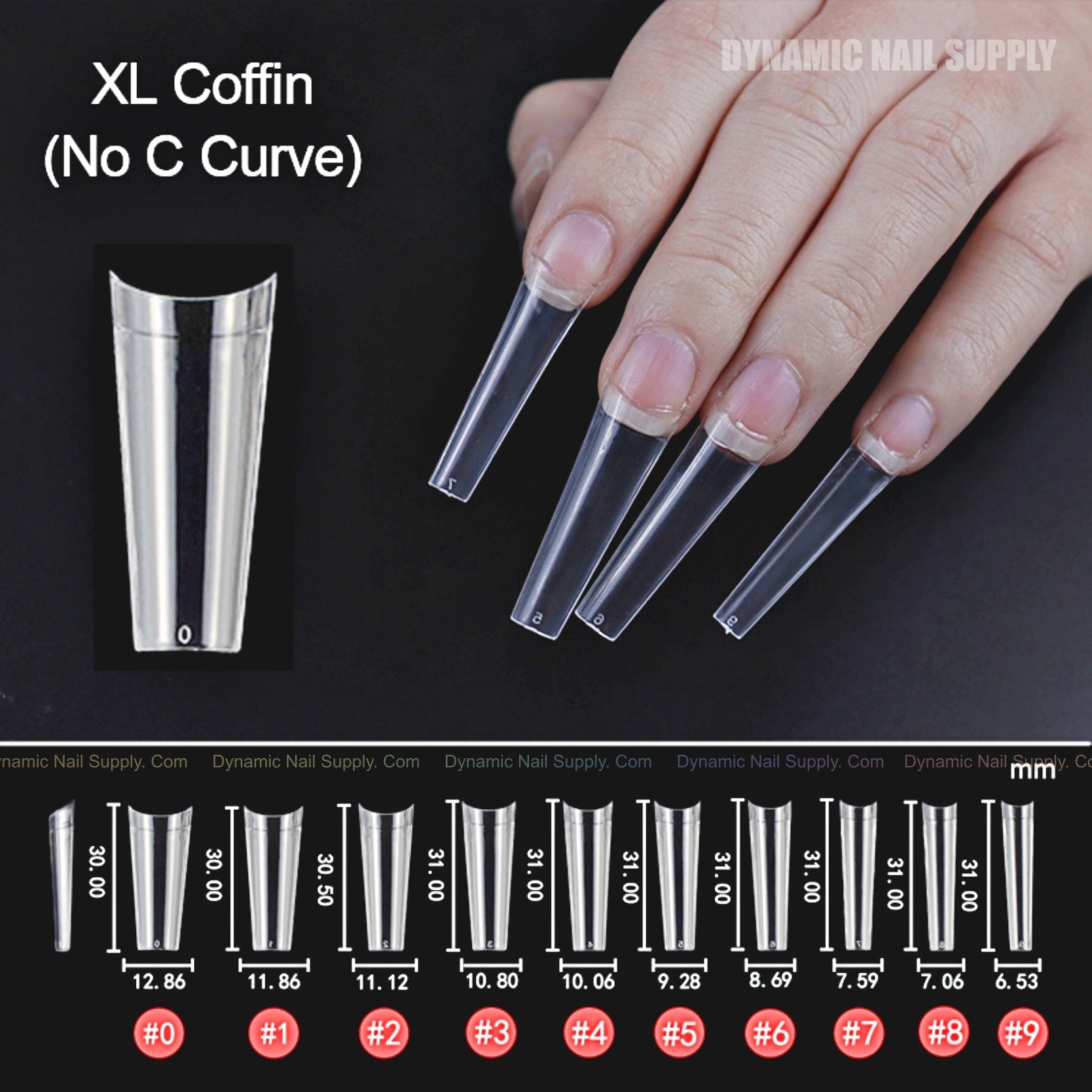 1XL Coffin No C-Curve Tips - XL Long - Box of 500 pcs - Clear