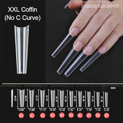 2XL Coffin Nail Tips No C-Curve (box) XXL Extra Long and Very Straight - 500pcs - Clear