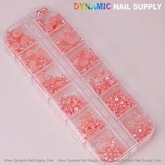 12 grid Pink Pearl Beads Nail Charms Mixed Sizes Round Flatback Stones DIY Designs