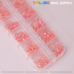 12 grid Pink Pearl Beads Nail Charms Mixed Sizes Round Flatback Stones DIY Designs