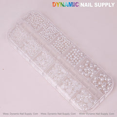 12 grid White Pearl Beads Nail Charms Mixed Sizes Round Flatback Stones DIY Designs