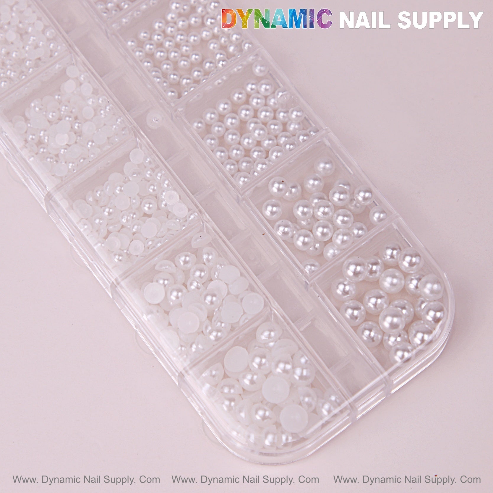 12 grid White Pearl Beads Nail Charms Mixed Sizes Round Flatback Stones DIY Designs