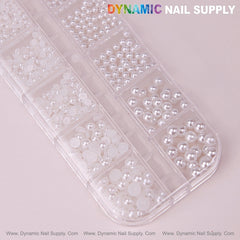 12 grid White Pearl Beads Nail Charms Mixed Sizes Round Flatback Stones DIY Designs
