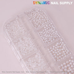 12 grid White Pearl Beads Nail Charms Mixed Sizes Round Flatback Stones DIY Designs