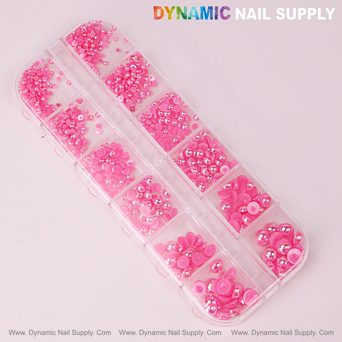 12 grid Hot Pink Pearl Beads Nail Charms Mixed Sizes Round Flatback Stones DIY Designs