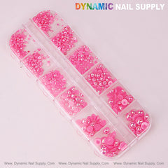 12 grid Hot Pink Pearl Beads Nail Charms Mixed Sizes Round Flatback Stones DIY Designs
