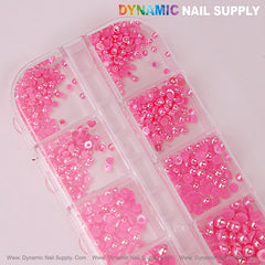 12 grid Hot Pink Pearl Beads Nail Charms Mixed Sizes Round Flatback Stones DIY Designs