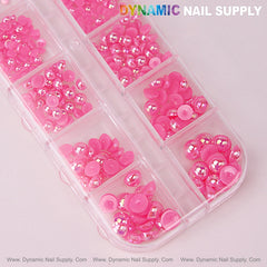 12 grid Hot Pink Pearl Beads Nail Charms Mixed Sizes Round Flatback Stones DIY Designs