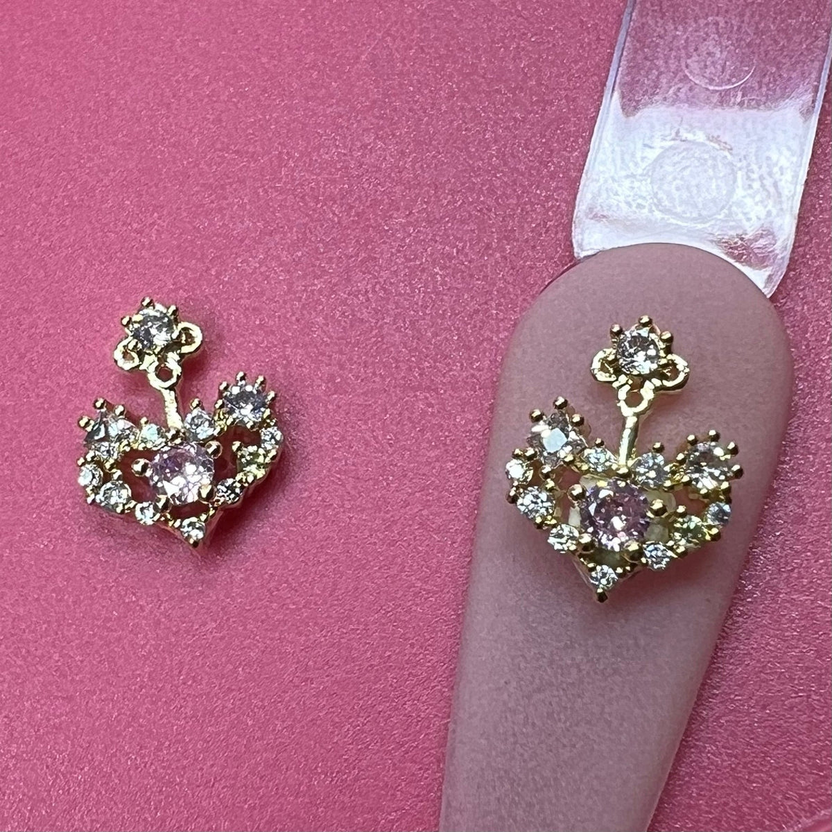 2 pcs 3D Heart-shape Charm for Nails Art Design (Pink Rhinestones engraved)