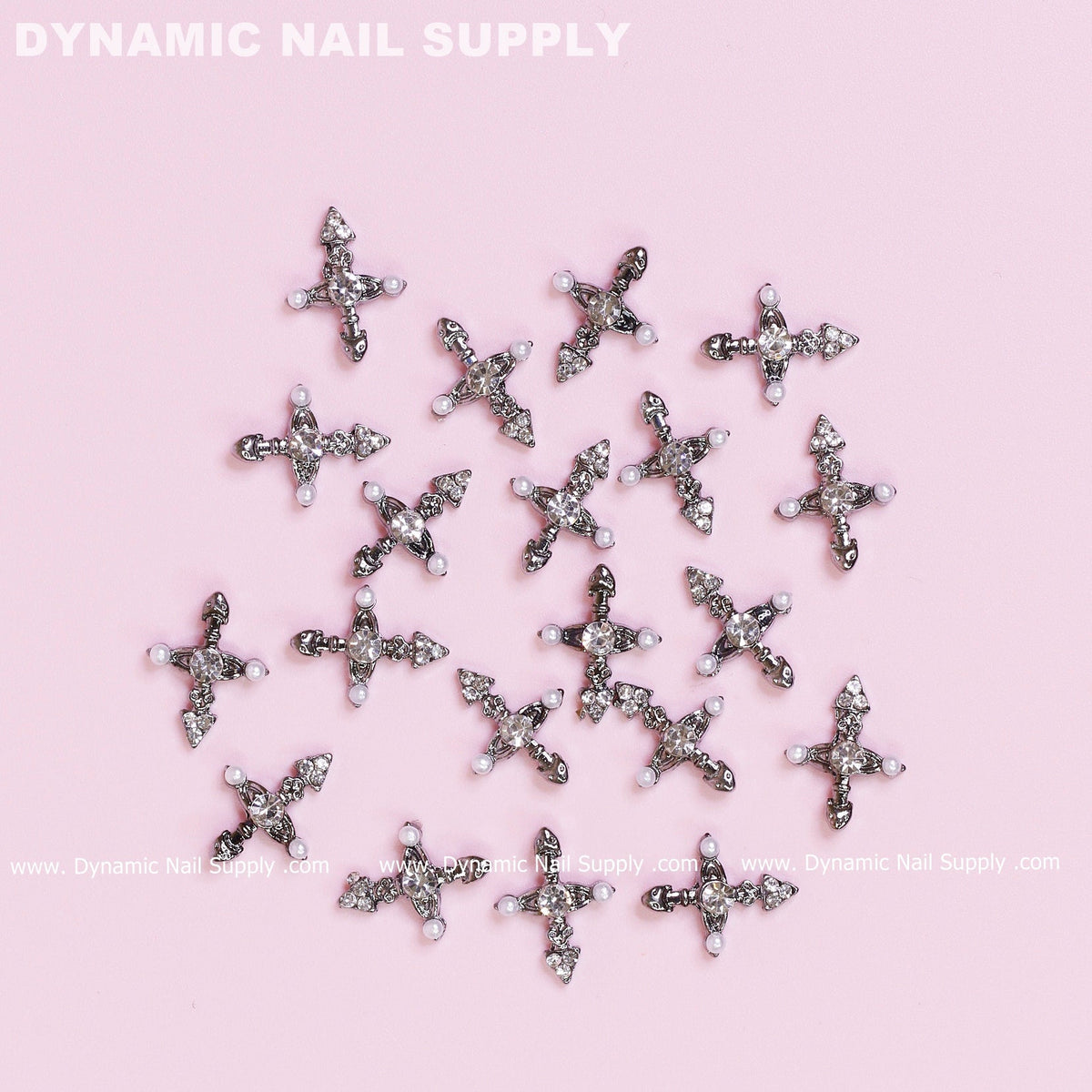 20 pcs Silver Crosses Charms (with Pearls) for Nails Art Design (Antique Chrome Heart Charm)
