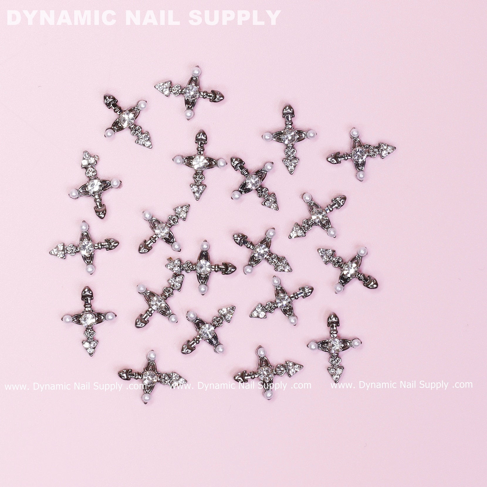 20 pcs Silver Crosses Charms (with Pearls) for Nails Art Design (Antique Chrome Heart Charm)