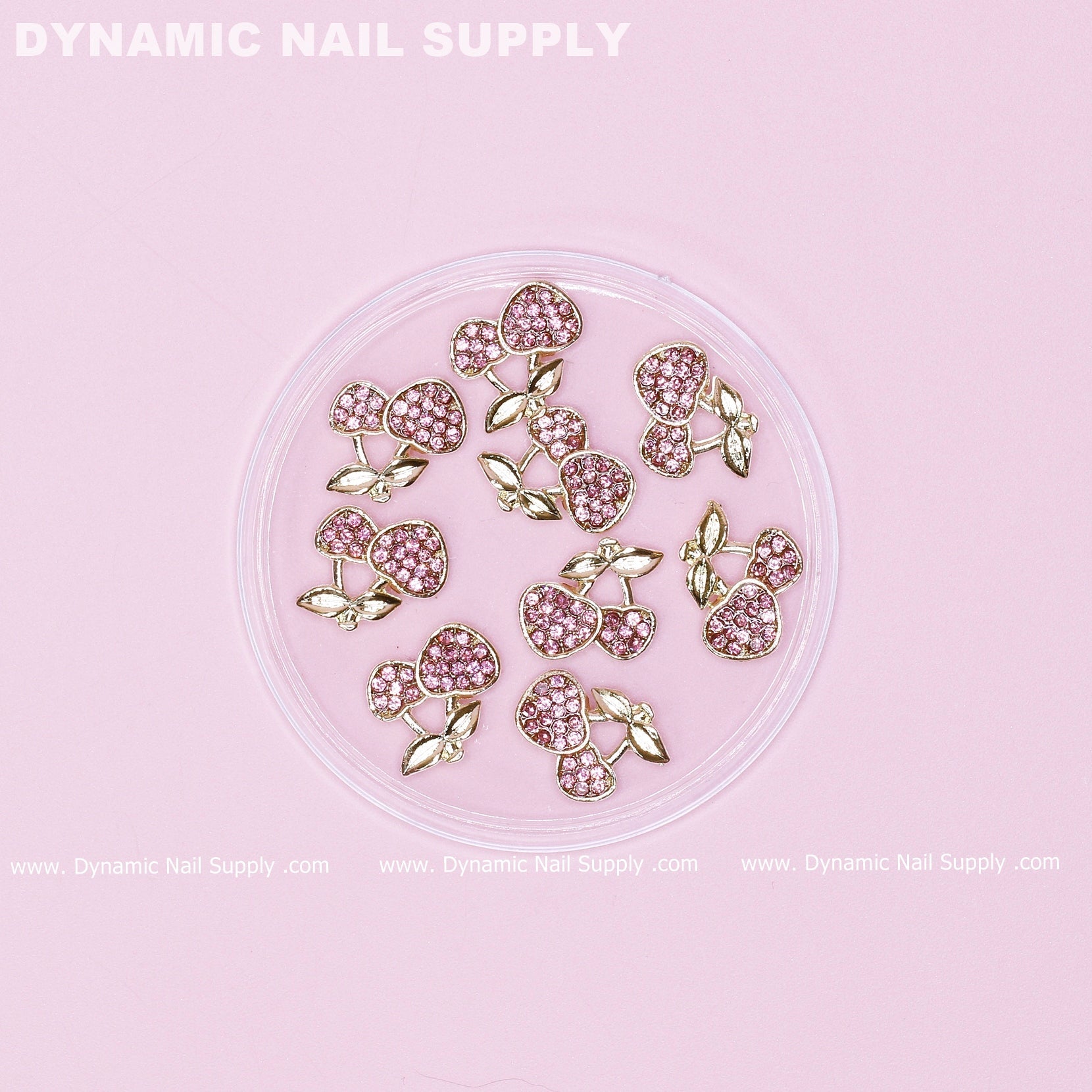 9 pcs Pink Cherry Nail Charms Engraved Rhinestones (Large size)