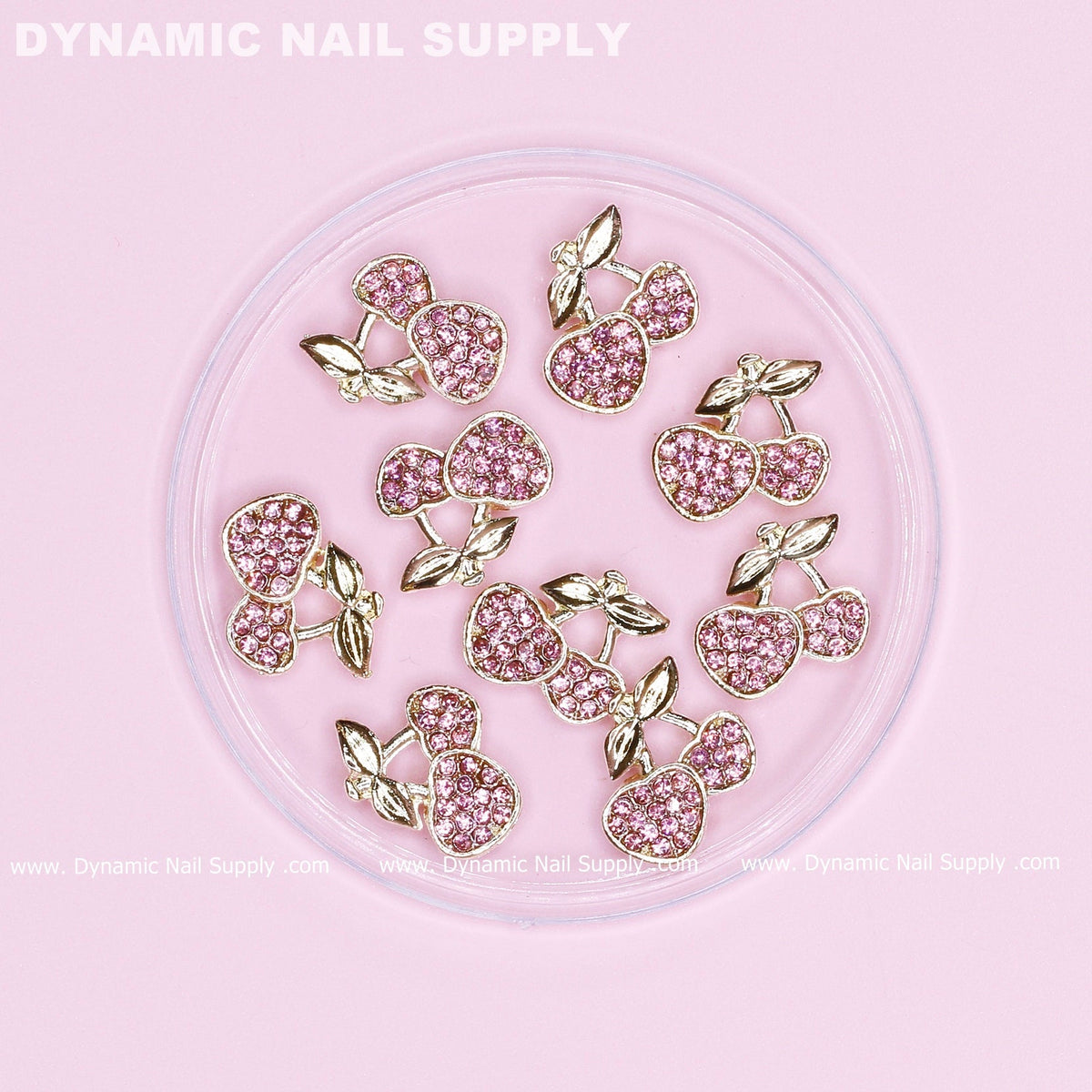 9 pcs Pink Cherry Nail Charms Engraved Rhinestones (Large size)