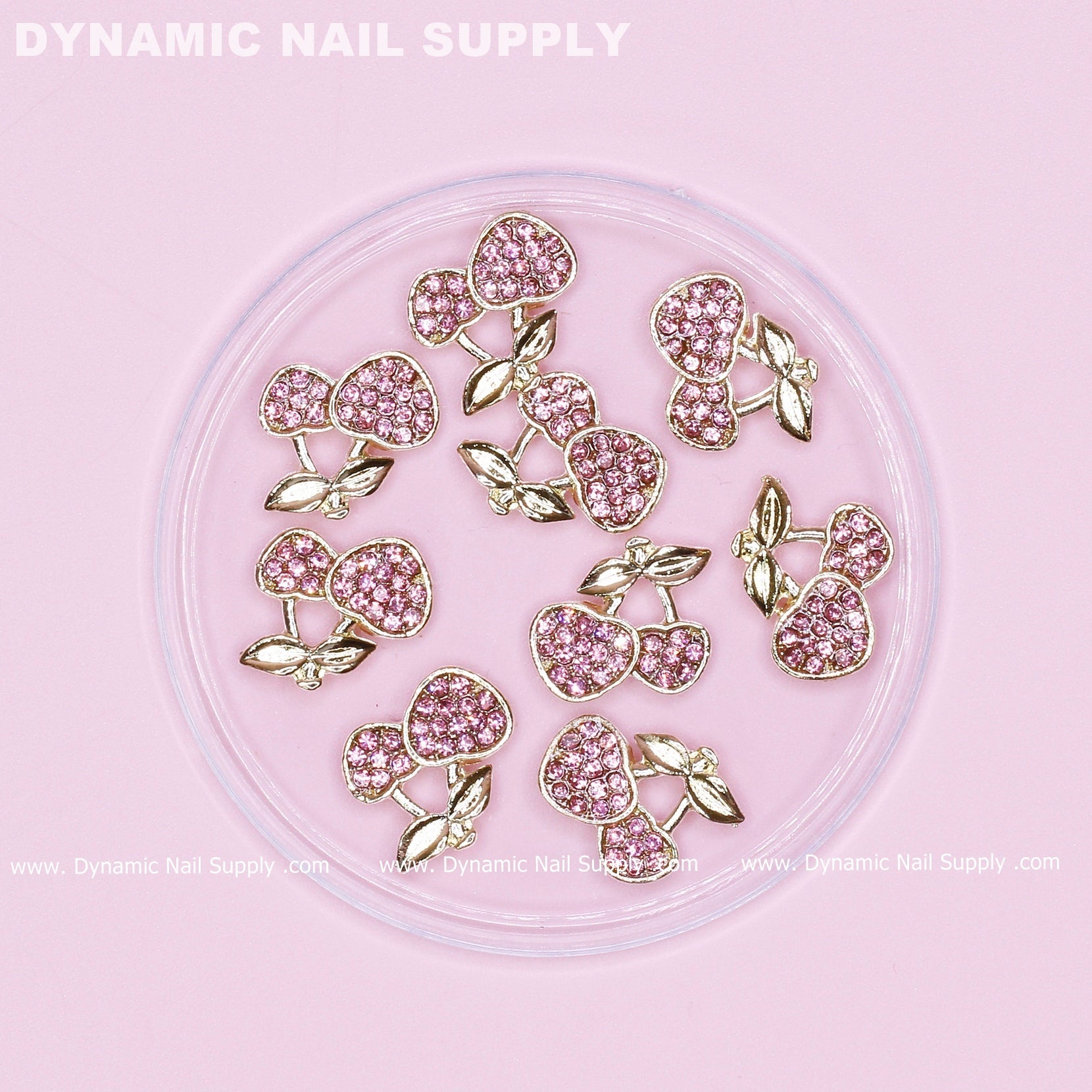9 pcs Pink Cherry Nail Charms Engraved Rhinestones (Large size)