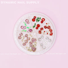 17 pcs Mixed Colors Cherry Nail Charms (Rhinestones Engraved, Red, Pink, Silver)