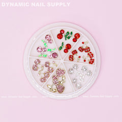 17 pcs Mixed Colors Cherry Nail Charms (Rhinestones Engraved, Red, Pink, Silver)