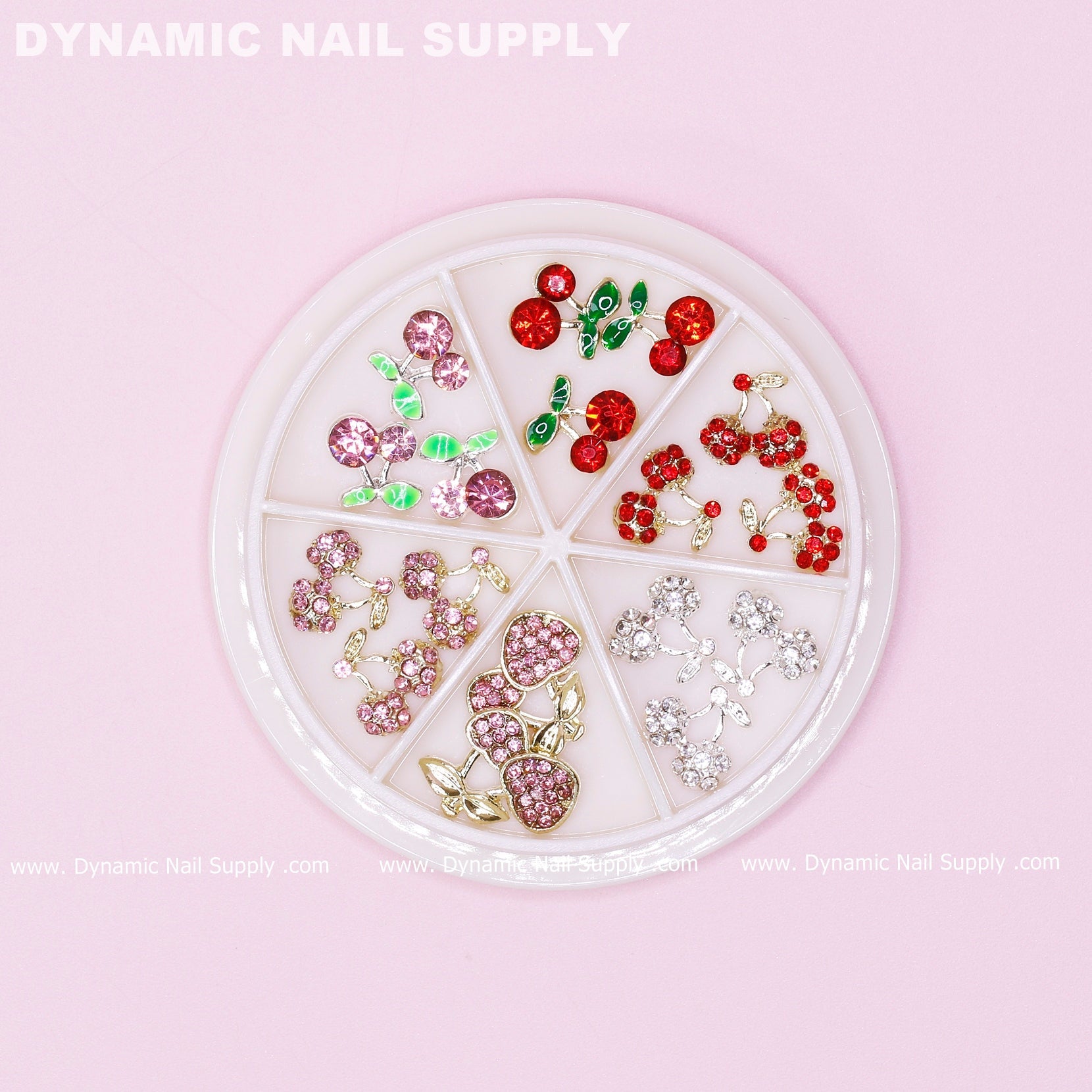17 pcs Mixed Colors Cherry Nail Charms (Rhinestones Engraved, Red, Pink, Silver)