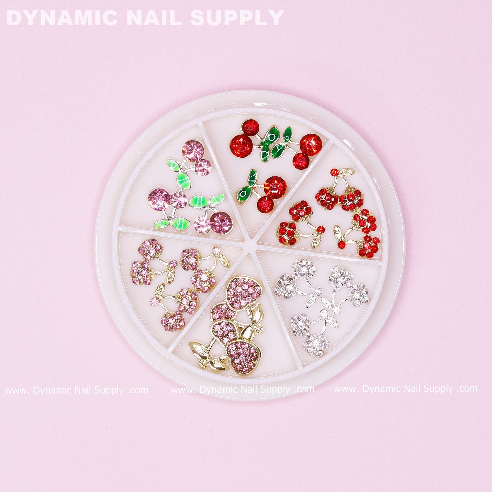 17 pcs Mixed Colors Cherry Nail Charms (Rhinestones Engraved, Red, Pink, Silver)
