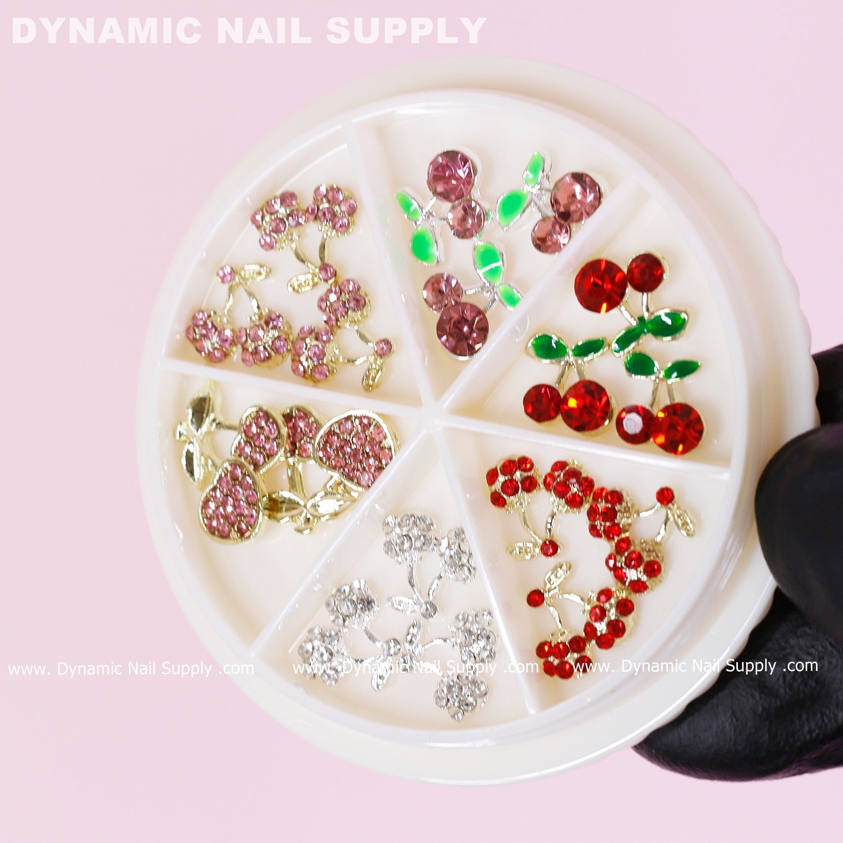 17 pcs Mixed Colors Cherry Nail Charms (Rhinestones Engraved, Red, Pink, Silver)