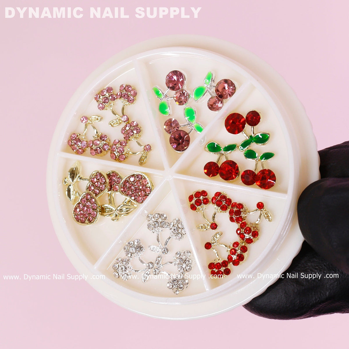 17 pcs Mixed Colors Cherry Nail Charms (Rhinestones Engraved, Red, Pink, Silver)