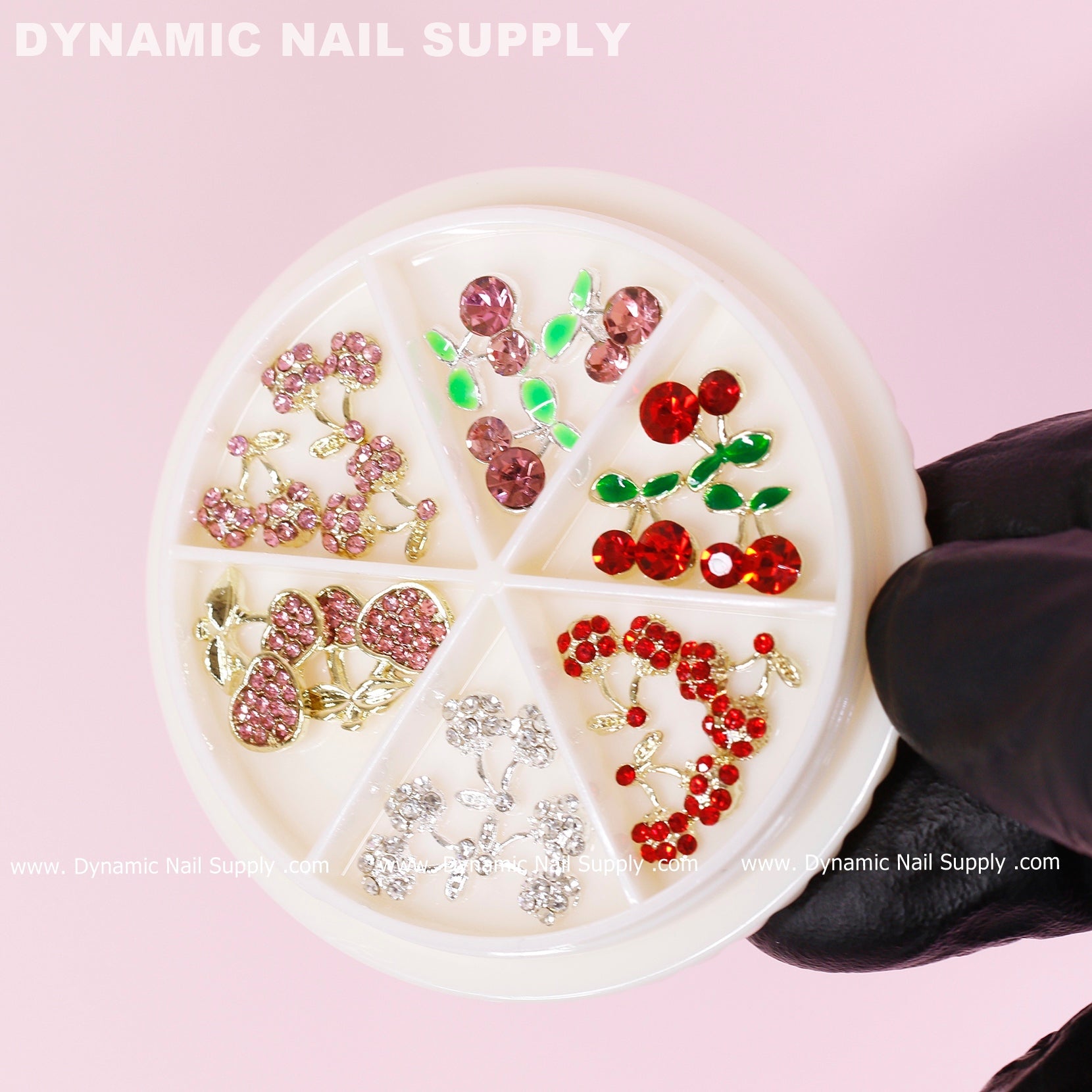 17 pcs Mixed Colors Cherry Nail Charms (Rhinestones Engraved, Red, Pink, Silver)