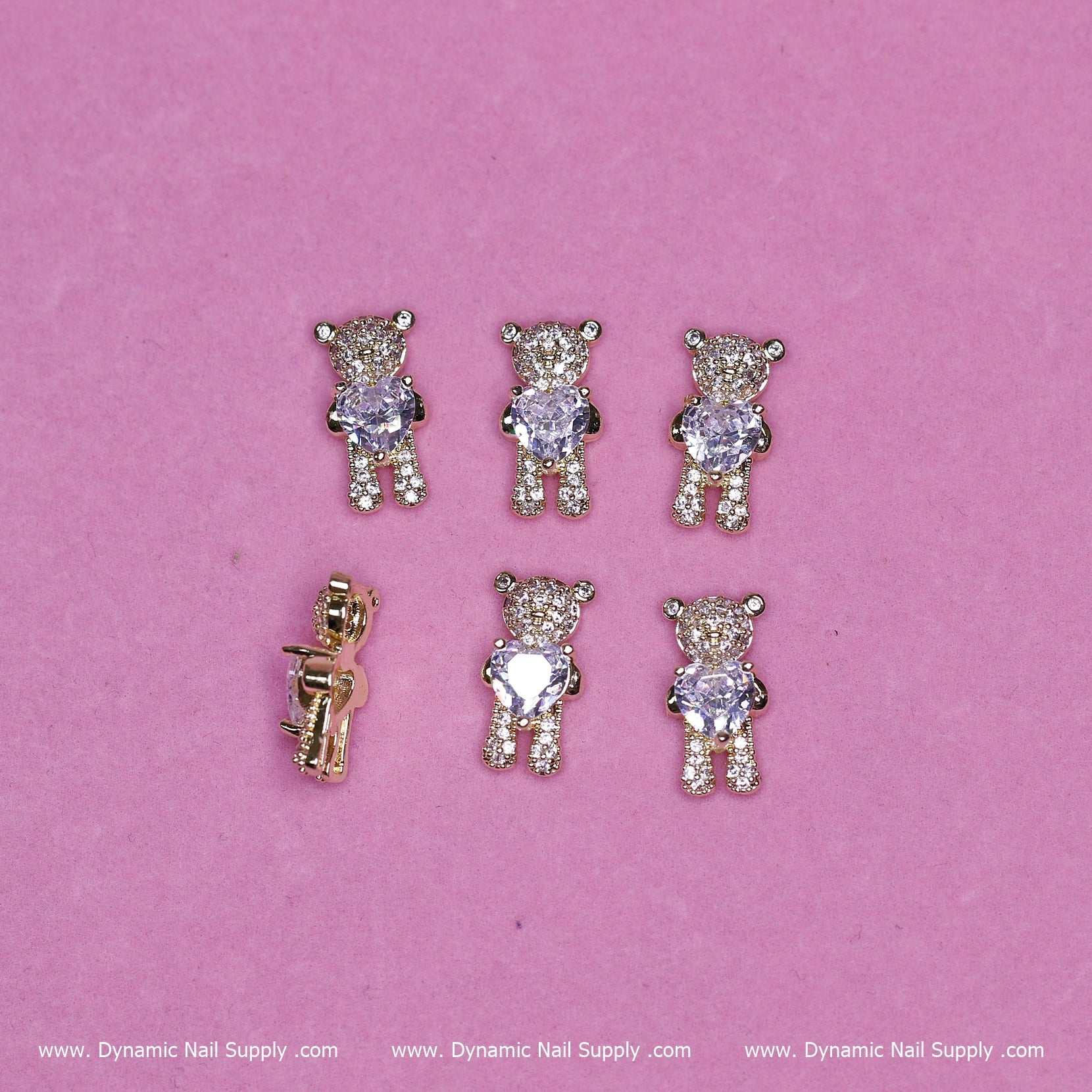 (Gold) 6 pcs Bear Charm with Rhinestones (Hugging) Engraved