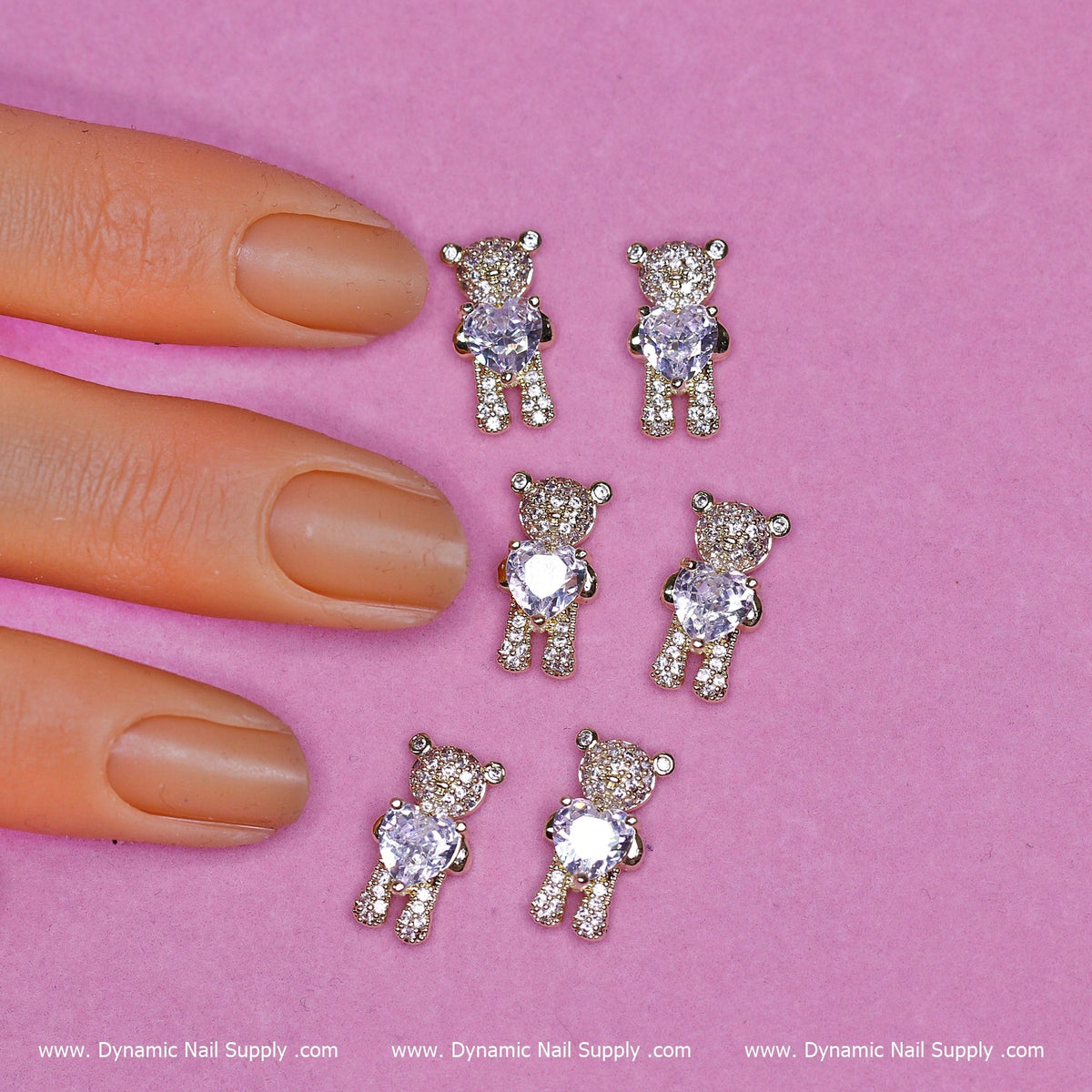 (Gold) 6 pcs Bear Charm with Rhinestones (Hugging) Engraved