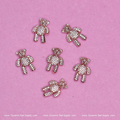 (Rose Gold) 6 pcs Movable Teddy Bear Charm with Rhinestones Engraved