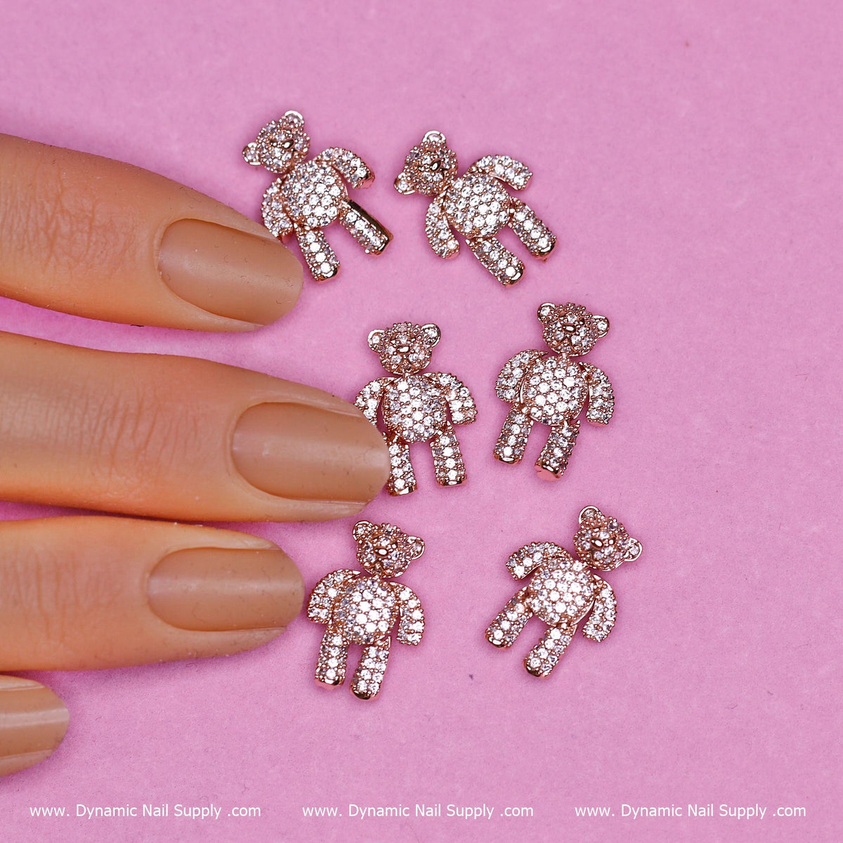 (Rose Gold) 6 pcs Movable Teddy Bear Charm with Rhinestones Engraved
