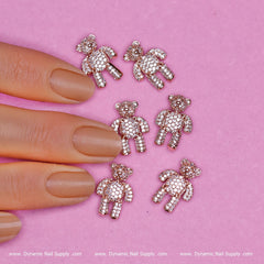 (Rose Gold) 6 pcs Movable Teddy Bear Charm with Rhinestones Engraved
